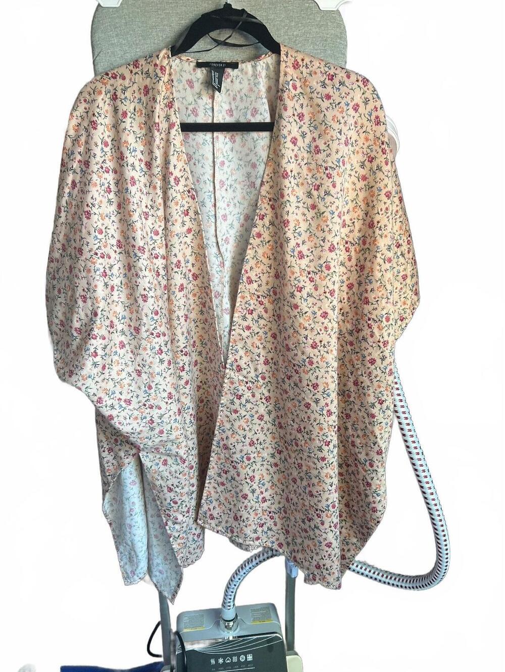 S/M Summery Floral Pattern Pink Kimono Cardigan Cover Up Open Front Med Weight